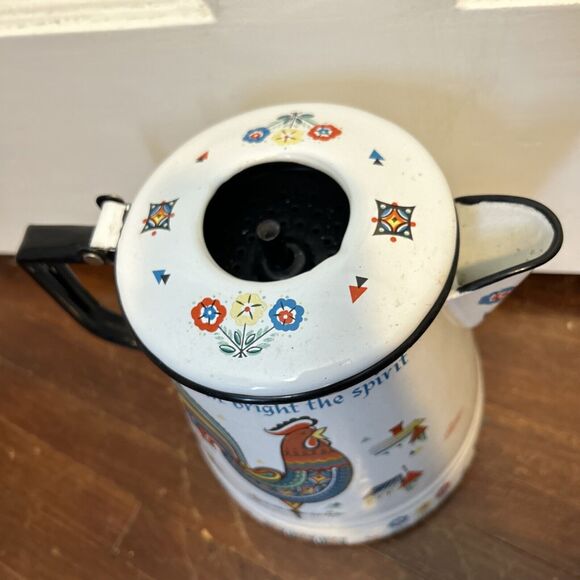 Vintage 1960's Berggern Swedish Floral Rooster Enamelware Coffee Tea Pot - Picture 4 of 10